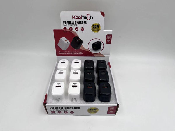 KOOLTECH DUAL WALL CHARGER DISPLAY 12PCS (USB A AND TYPE C PORTS)