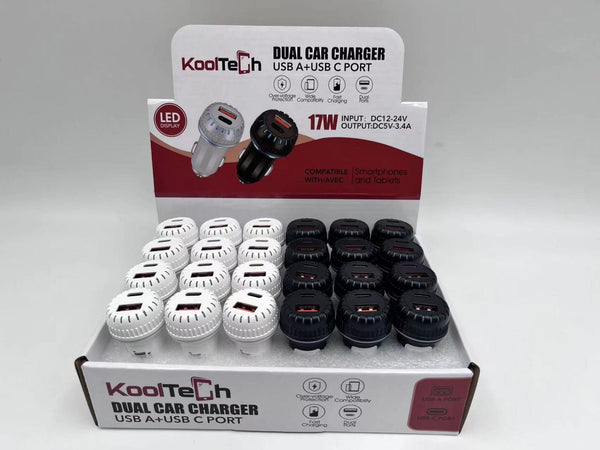 KOOLTECH DUAL CAR CHARGER DISPLAY 24PCS (USB A AND TYPE C PORTS)