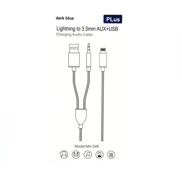 CABLE SPLITTER IP (LIGHTNING) TO AUX+USB