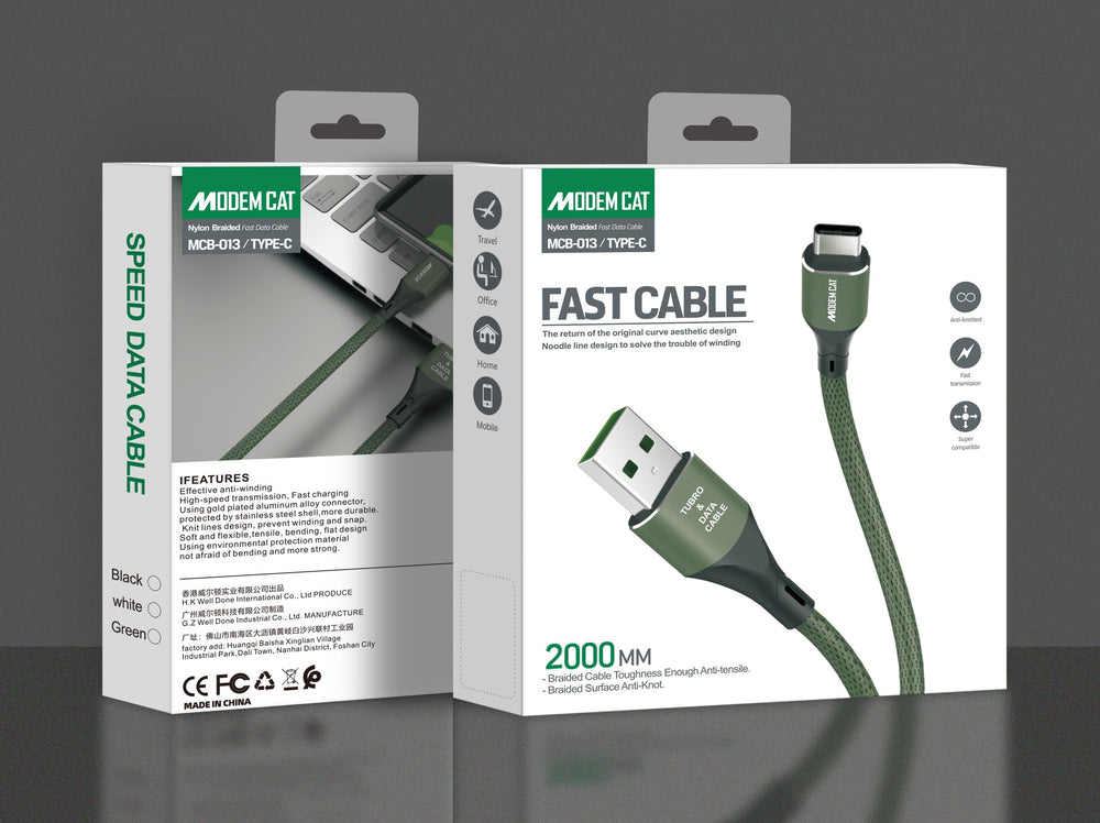 MODEMCAT FAST CHARGING CABLE FOR TYPE C, 2 METER LONG (MCB013)